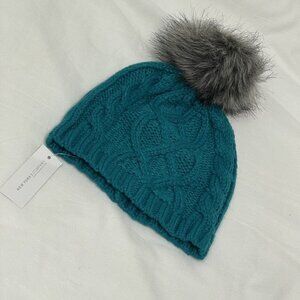 New York And & Company Teal Winter Stocking Hat Gray Pompom NWT Beanie